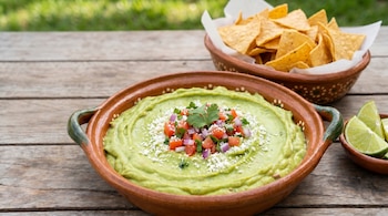 Un tazón de guacamole verde claro con tomate, cebolla roja, cilantro y queso desmoronado. Al fondo, un tazón de totopos y rodajas de lima.
