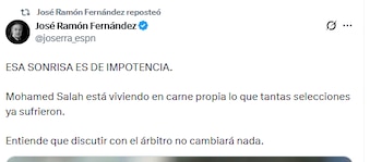 Fernández difundió una imagen de Salah y afirmó que su sonrisa tras el silbatazo final reflejó impotencia ante lo que otras selecciones ya sufrieron en Copas Mundiales pasadas. (X/ @joserra_espn)