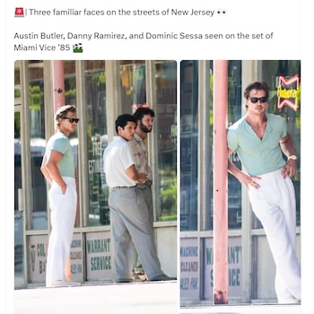 Imagen del rodaje de 'Miami Vice 85' captada por un fan y publicada en X, donde se pueden ver a Austin Butler, Danny Ramirez y Dominic Sessa