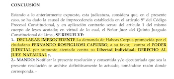 Documento con texto impreso en blanco y negro, resaltando palabras como "DECLARAR IMPROCEDENTE", "Fernando Rospigliosi" y "Poder Judicial"