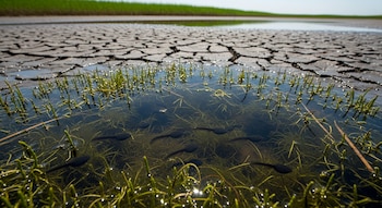 Grupo de renacuajos negros nadando en agua clara con vegetación verde. Al fondo, suelo de barro seco y agrietado bajo un cielo claro.
