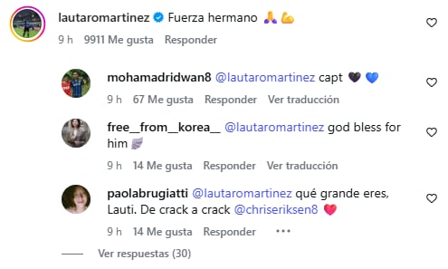 Lautaro Martínez, excompañero de Eriksen en el Inter de Milán, le dejó un mensaje en sus redes sociales tras conocerse el comunicado del jugador
