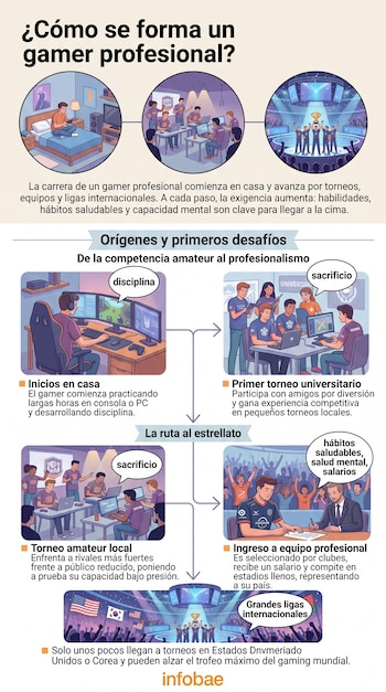 Infografía ilustrada sobre la carrera de un jugador de videojuegos, con textos explicativos, etapas consecutivas y el logotipo de Infobae.