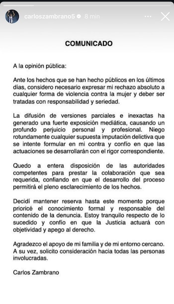 Comunicado de Carlos Zambrano sobre