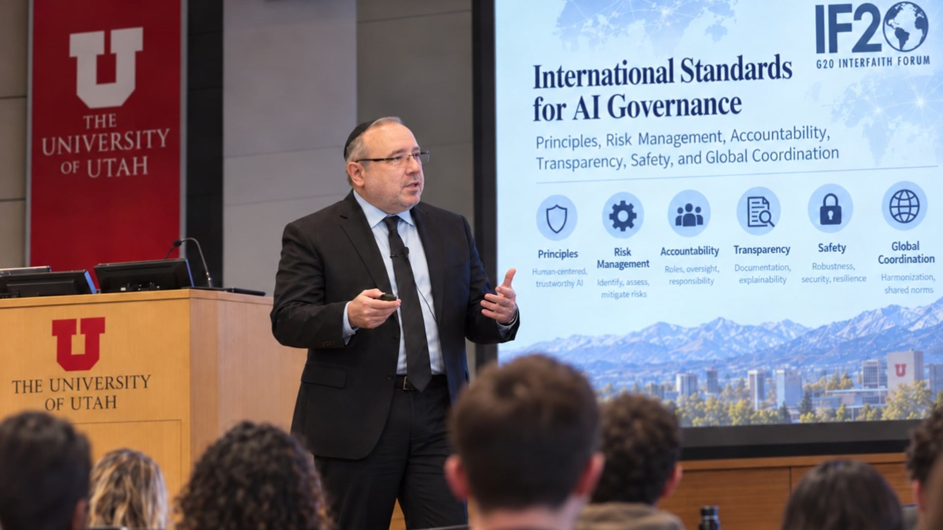 Rab. Dr. Fishel Szlajen en la Universidad de Utah exponiendo su propuesta sobre gobernanza ética de la IA
