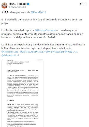 Orozco hizo un llamado al Gobierno nacional para investigar a la alcaldesa de Soledad - crédito @BryanOrozcoLl/X