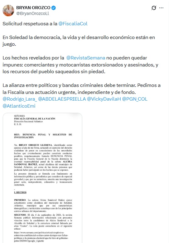 Orozco hizo un llamado al Gobierno nacional para investigar a la alcaldesa de Soledad - crédito @BryanOrozcoLl/X