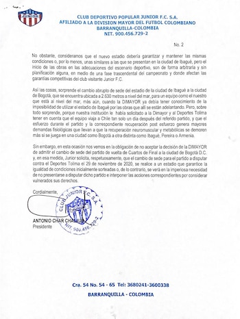 Junior FC se rehúsa a jugar en la ciudad de Bogotá.