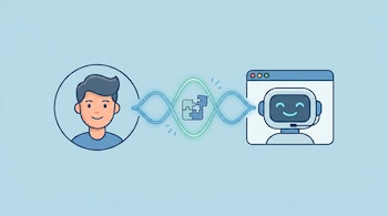Ilustración de un usuario y un chatbot sonrientes conectados por líneas onduladas que convergen en una pieza de rompecabezas sobre un fondo celeste pastel.