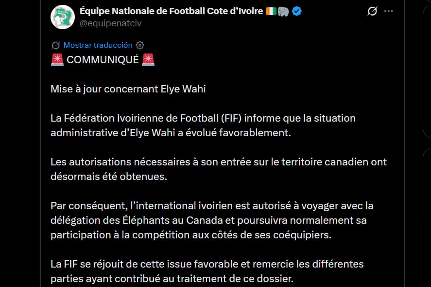 Elye Wahi sí ingresará a Canadá para el partido de Costa de Marfil frente a Alemania en Toronto - crédito @equipenatciv/X