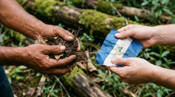 Primer plano de dos pares de manos, unas de piel cobriza sujetando tierra oscura, y otras de piel clara sosteniendo una bandera arrugada de Nicaragua.