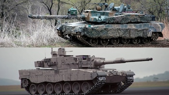 Imagen dividida. Arriba, tanque de batalla con camuflaje, soldado en torreta, cañón largo. Abajo, tanque gris con emblema estelar, cañón y orugas