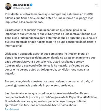 El presidente del Congreso pidió al presidente Petro que se respete la independencia de poderes - crédito @EfrainCepeda/X