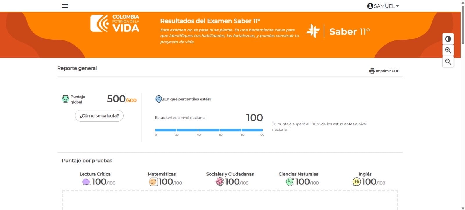 El reporte permitirá conocer el resultado general y los puntajes obtenidos en las diferentes áreas - crédito @JorgeEmilioRey/X