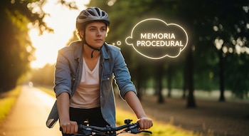 Primer plano de una persona joven con casco y chaqueta vaquera montando en bicicleta. Una burbuja de pensamiento con "MEMORIA PROCEDURAL" flota cerca de su cabeza. Fondo de parque soleado.