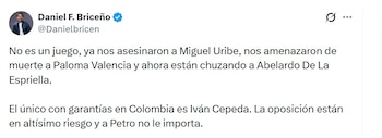 Daniel Briceño alertó que la oposición está en “altísimo riesgo” y cuestionó que las instituciones de protección y seguridad no estén cumpliendo su función - crédito @Danielbricen/X
