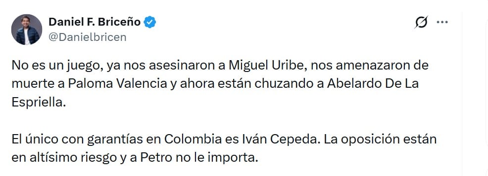 Daniel Briceño alertó que la oposición está en “altísimo riesgo” y cuestionó que las instituciones de protección y seguridad no estén cumpliendo su función - crédito @Danielbricen/X