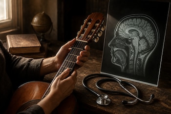 Unas manos sujetan el mástil de una guitarra sobre una mesa de madera con un estetoscopio, un estudio cerebral y libros antiguos.