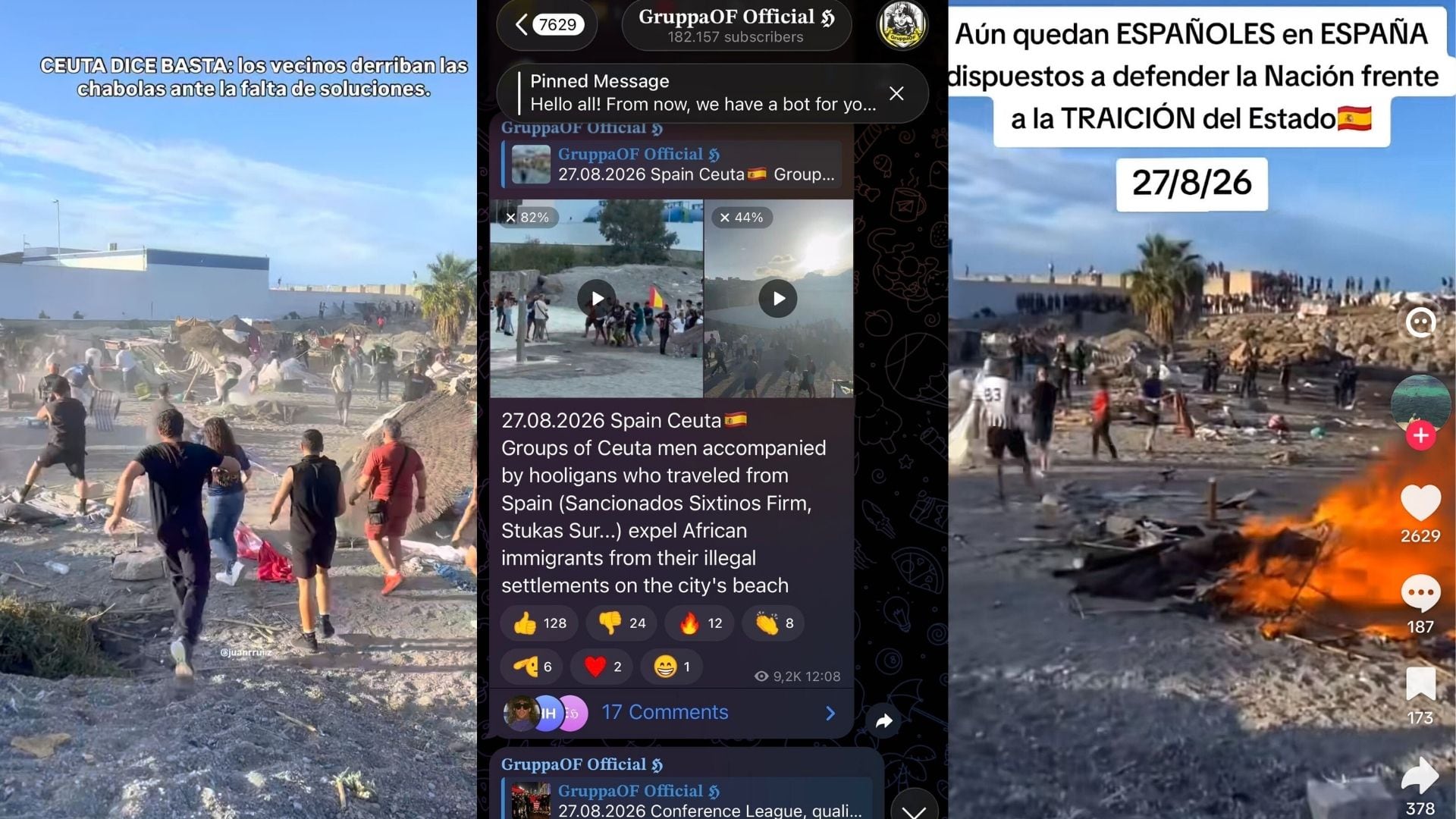 Varias publicaciones en aplicaciones de mensajería y redes sociales atribuyen a grupos ultras la destrucción de un asentamiento de migrantes en Ceuta.