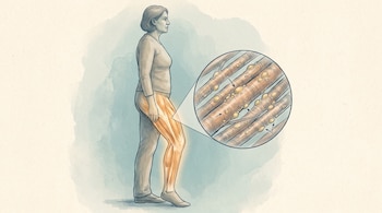 Ilustración de una persona de pie con la musculatura de la pierna iluminada y un círculo que detalla fibras musculares con gotas amarillas.