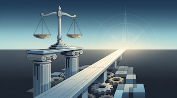 Ilustración con una balanza de la justicia sobre dos columnas, un camino recto sobre engranajes y un sol naciente al fondo.
