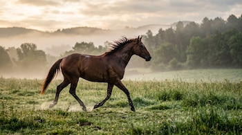 Un caballo castaño trota en un prado verde con niebla al fondo y árboles en la distancia bajo la luz del amanecer.