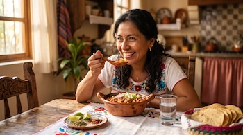 Mujer con blusa bordada comiendo pozole de un tazón de barro sobre una mesa de madera con tortillas y limones.