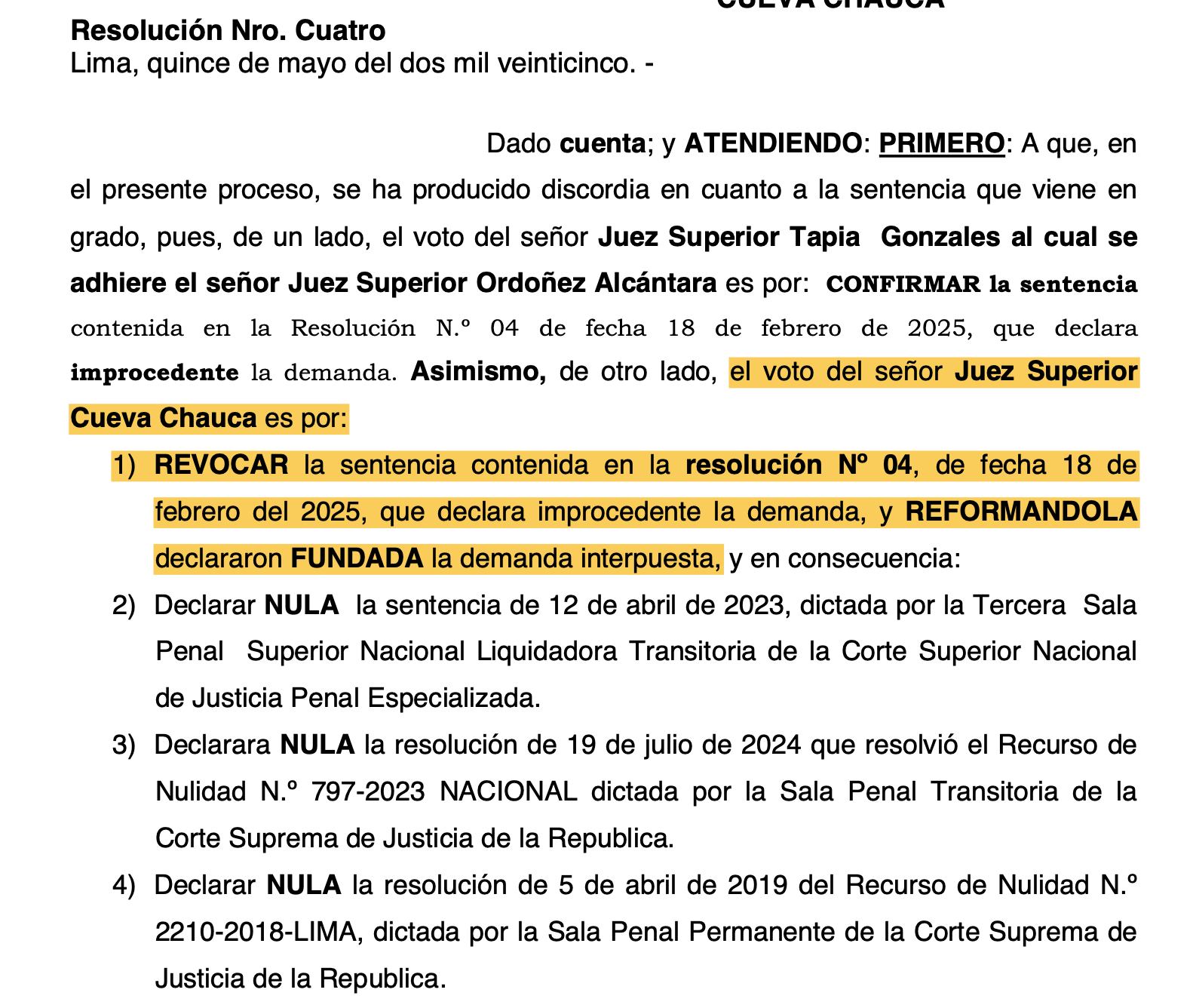 Juez Cueva Chauca votó a favor de anular condena de 12 años de prisión de Daniel Urresti.