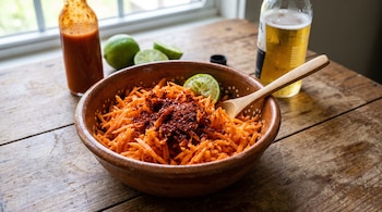 Tazón de barro con zanahorias ralladas, chile piquín, una rodaja de limón y una cuchara de madera sobre una mesa. Botella de salsa picante y cerveza.
