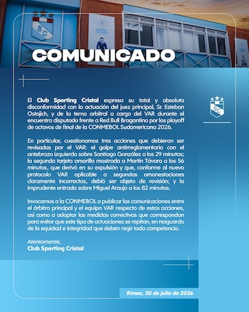 Comunicado de Sporting Cristal por reclamo arbitral en la Copa Sudamericana 2026.