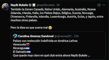 Nayib Bukele responde a críticas sobre la reelección indefinida en El Salvador con una publicación en X, donde compara el sistema salvadoreño con democracias parlamentarias de otros países.