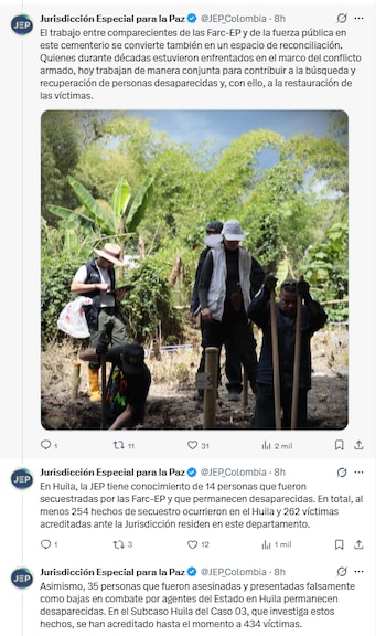 La Jurisdicción Especial para la Paz informó que 14 personas que fueron secuestradas por las Farc-EP en Huila, las cuales están desaparecidas - crédito @JEP_Colombia/X