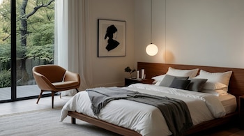 Una habitación moderna con una cama de madera y ropa de cama blanca y gris, un sillón de cuero marrón, una gran ventana con vista a árboles y un cuadro abstracto en la pared.