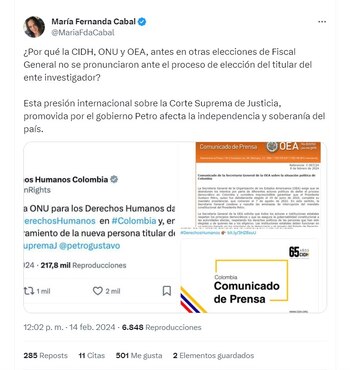 María Fernanda Cabal habla de una "presión internacional" a la Corte Suprema de Justicia - crédito @MaríaFdaCabal