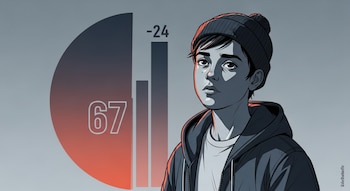 Ilustración de un joven pensativo con gorro y sudadera oscura. Detrás, un gráfico de barras con "-24" y el número "67" en un círculo degradado.
