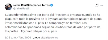 El congresista reaccionó a la suspensión del empalme presidencial - crédito X