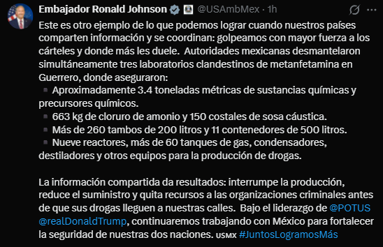 Ronald Johnson celebra el desmantelamiento de tres narcolaboratorios en Guerrero. Captura de pantalla