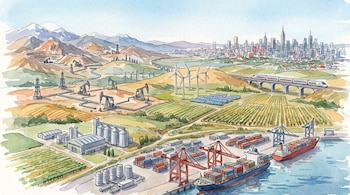 Ilustración en acuarela con torres de petróleo, minas, aerogeneradores, campos de cultivo, un tren, un puerto con barcos y rascacielos.