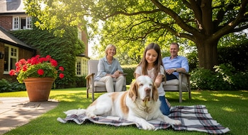 Una niña acaricia a un Clumber Spaniel blanco y marrón sobre una manta en un jardín verde. Dos adultos sonríen en sillas detrás. Se ve una casa de ladrillo y un árbol grande.