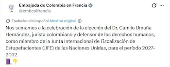 La afirmación de la embajada destaca la importancia de la cooperación entre entidades del Estado y la comunidad internacional en la promoción de representantes con experiencia técnica y ética - crédito captura de pantalla @embcolfrancia
