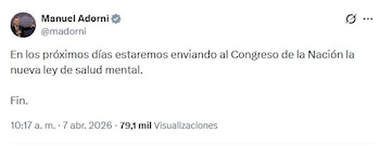 Captura de pantalla de un tuit de Manuel Adorni desde su cuenta verificada @madorni, anunciando el envío de una nueva ley de salud mental al Congreso