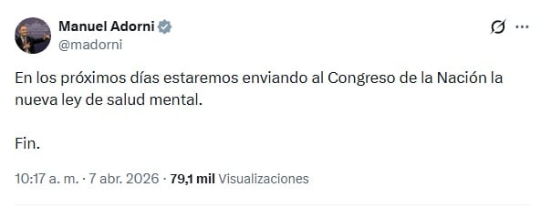 Manuel Adorni anunció que el Gobierno enviará una nueva ley de salud mental al Congreso de la Nación en los próximos días (X Manuel Adorni)