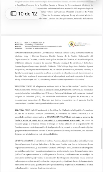 El juez tercero Penal del Circuito de San José del Guaviare, ordenó al presidente Abelardo de la Espriella y al comandante de las Fuerzas Armadas suspender estas operaciones en la región, mientras se resuelve una tutela que busca proteger a niños reclutados por grupos armados. - crédito Circuito de San José del Guaviare