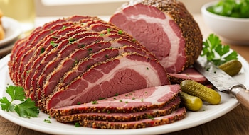 Un pastrón casero parcialmente rebanado y una porción completa en un plato blanco, acompañado de pepinillos, un cuchillo y perejil fresco.