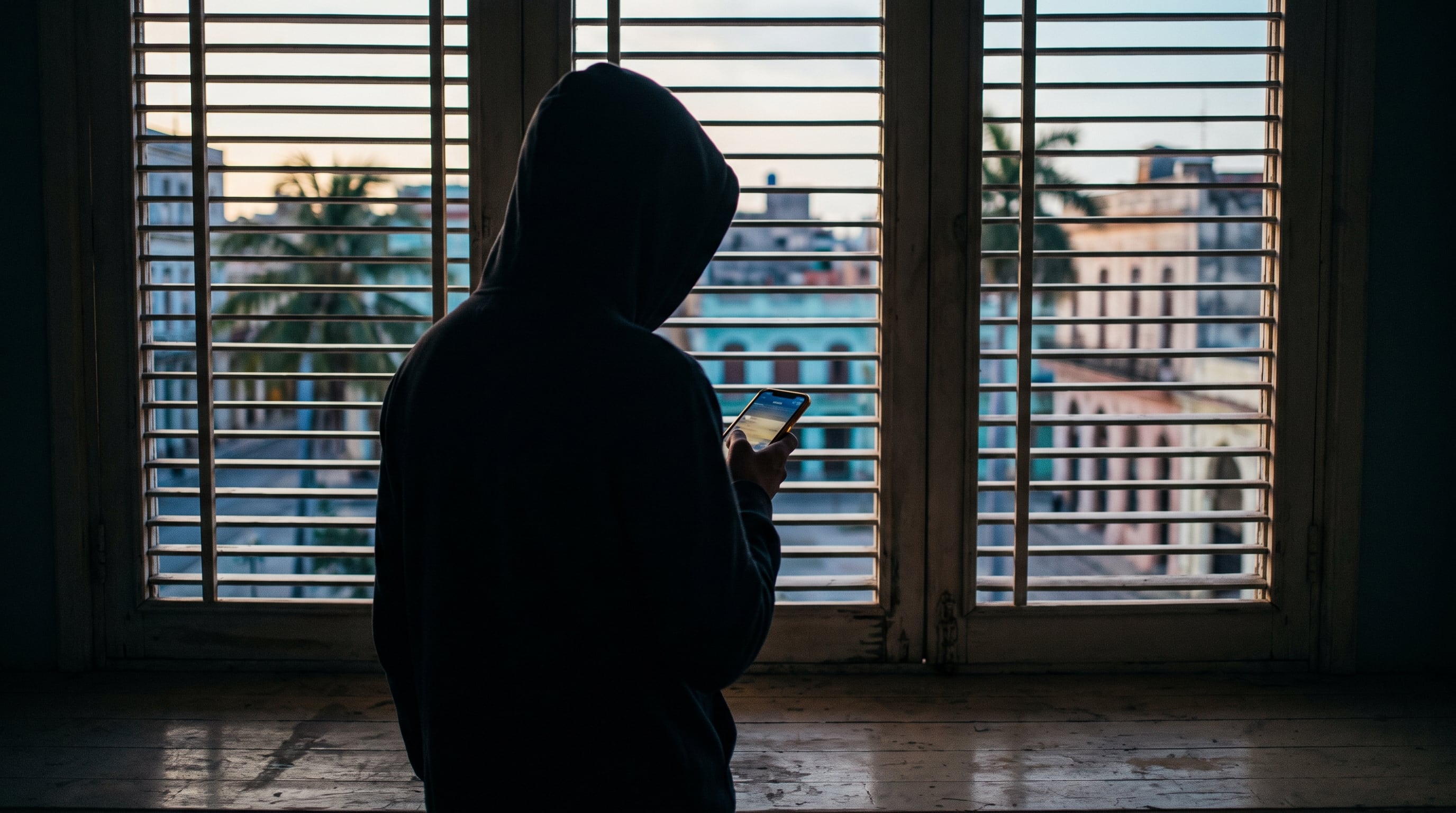 Un adolescente con capucha mira la pantalla de su teléfono inteligente frente a una ventana con persianas que deja ver una ciudad caribeña al amanecer. (Imagen Ilustrativa Infobae)