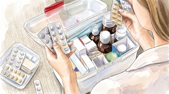 Ilustración de una persona que sostiene blísteres con pastillas frente a una caja organizadora con frascos y cajas de medicamentos.