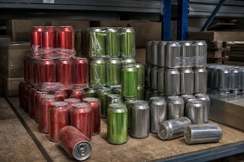 Latas de aluminio rojas, verdes y plateadas apiladas en paquetes de plástico y sueltas sobre una plataforma de madera en un almacén.