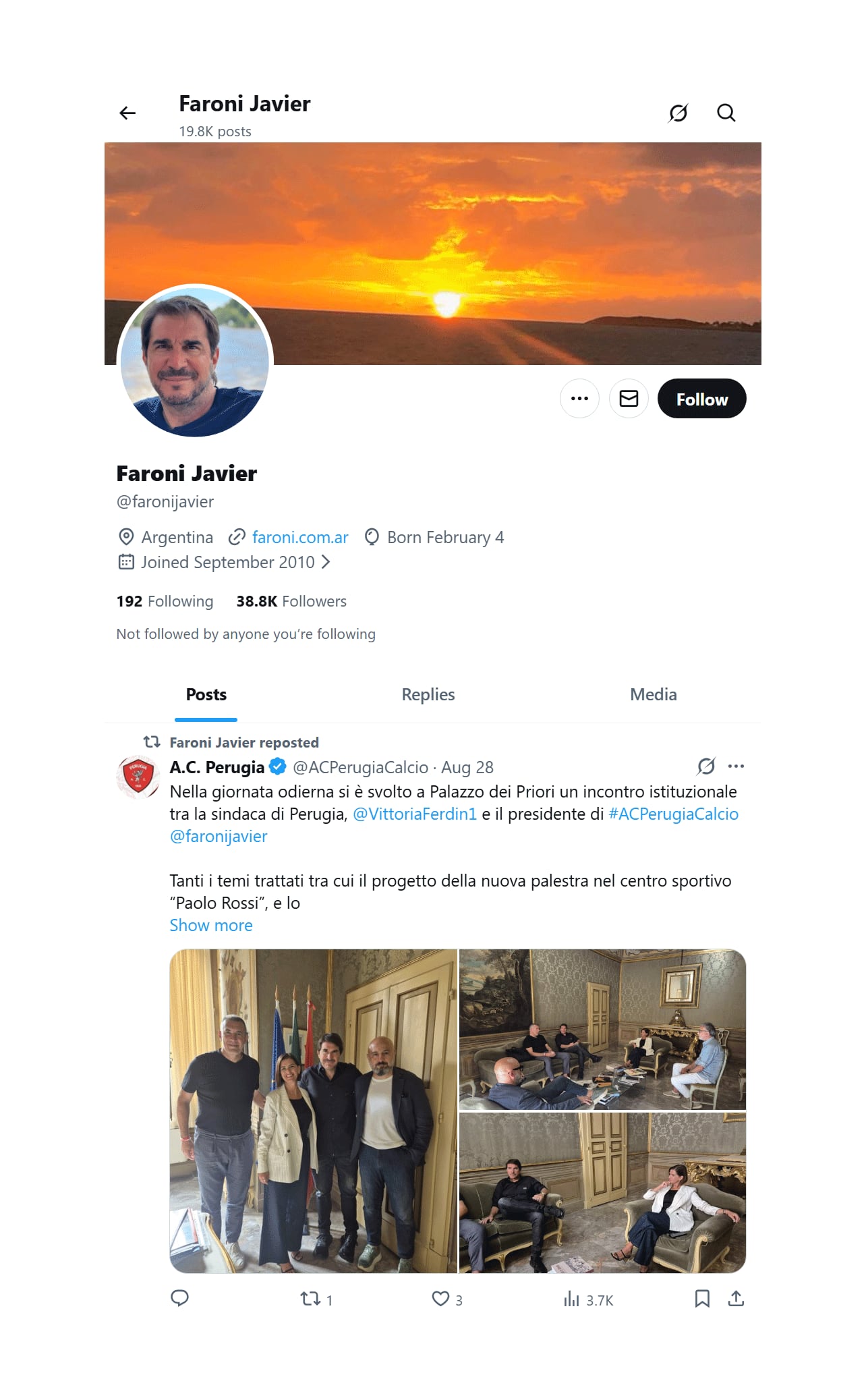 El perfil de Javier Faroni. La publicación que reposteó corresponde al Perugia, un histórico equipo de Italia que compró el empresario