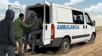 Ilustración de tres hombres subiendo a la parte trasera abierta de una ambulancia blanca, con el texto "AMBULANCIA", en un camino de tierra.