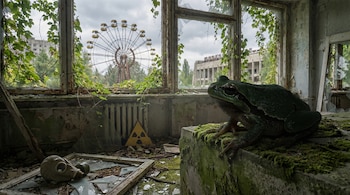 Rana arborícola verde oscura en un bloque de musgo. Detrás, ventanas rotas y un edificio en ruinas. Al fondo, una noria oxidada y una señal de radiación en el suelo.